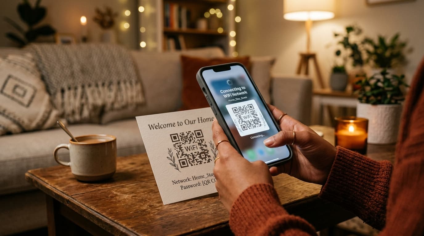 Dettaglio di mani che tengono uno smartphone inquadrando un codice QR WiFi