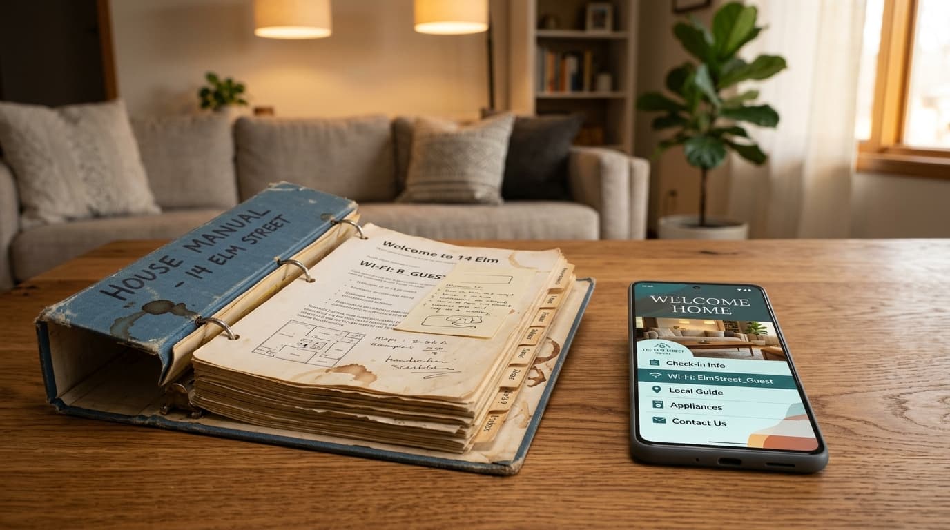 Confronto tra un vecchio raccoglitore cartaceo e uno smartphone che mostra una guida digitale