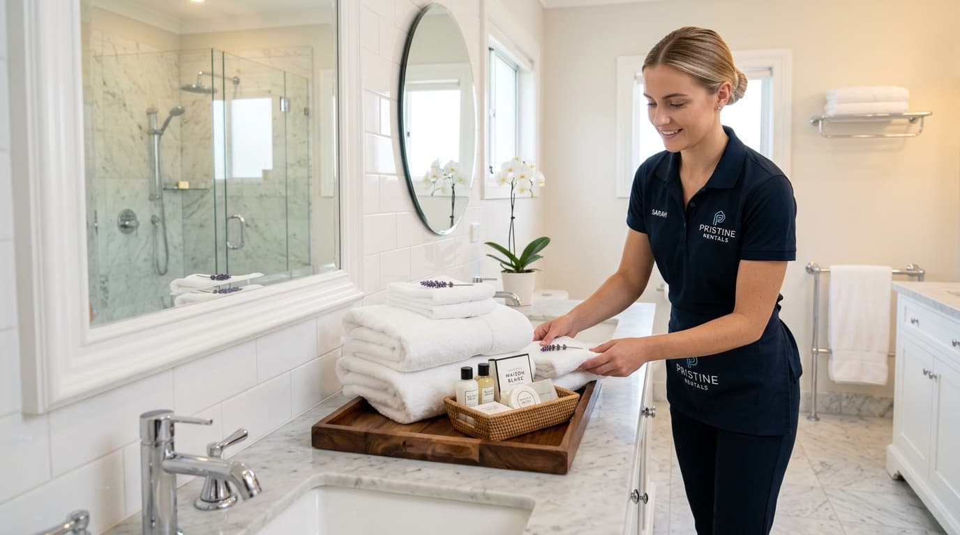 Addetta alle pulizie professionale che ripone asciugamani piegati e kit cortesia in un bagno moderno