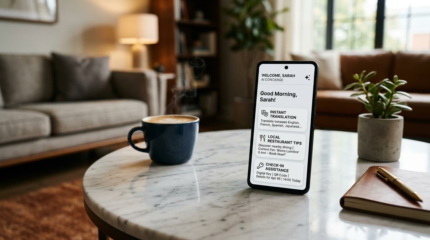 Smartphone con schermata dell'assistente IA Kodia appoggiato su un tavolino in marmo